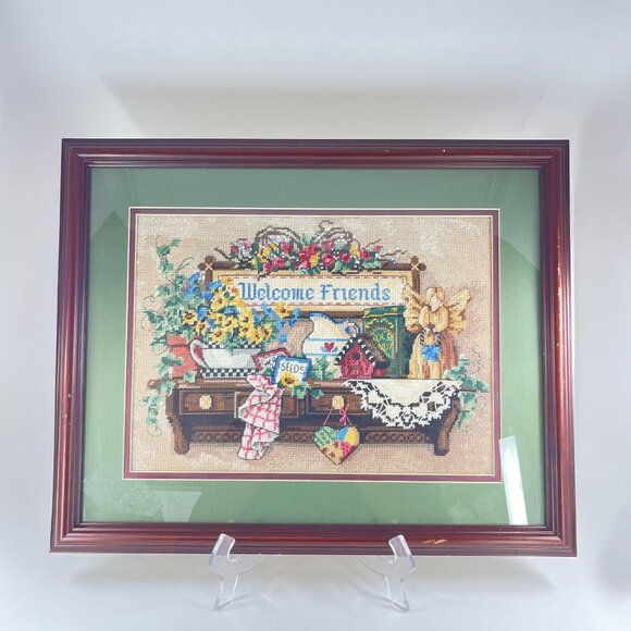 vintage framed cross stitch "welcome friends" wall art floral & rustic motif - Picture 1 of 5